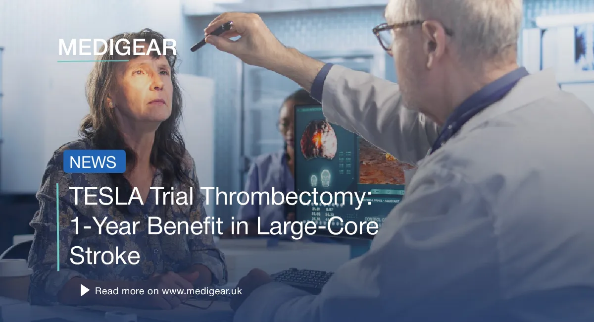 	Diagram showing the new TESLA trial thrombectomy 1-year data: functional independence 23.6% vs 6.8%