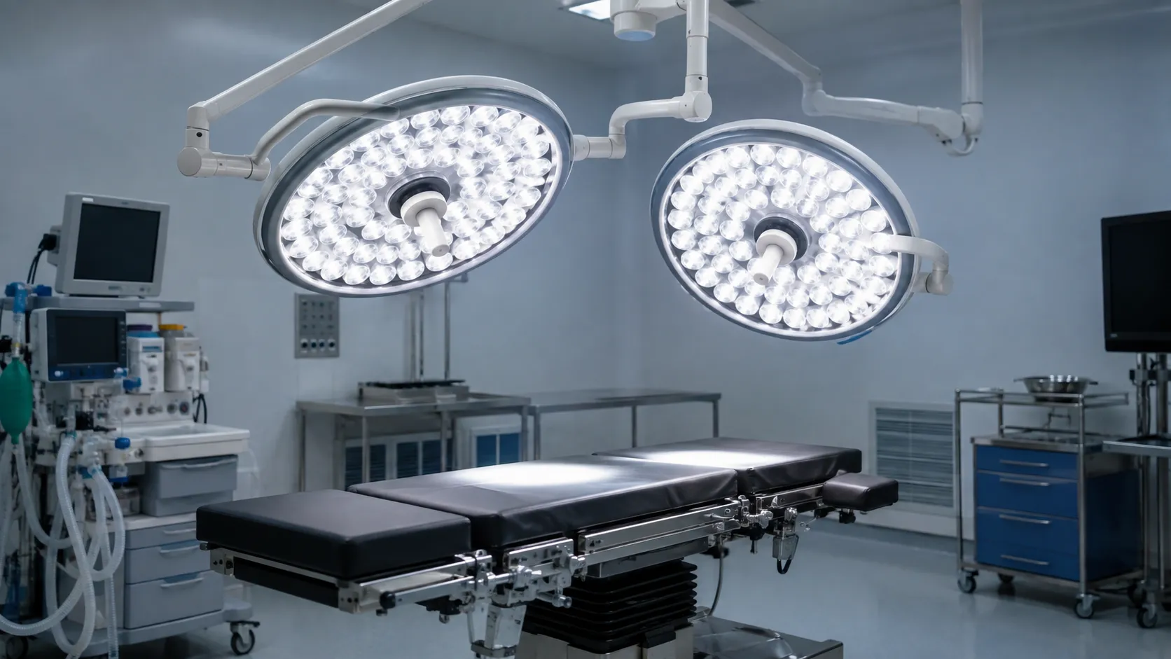 A dual-satellite LED surgical luminaire illuminating an operating table with a sterilisable central 