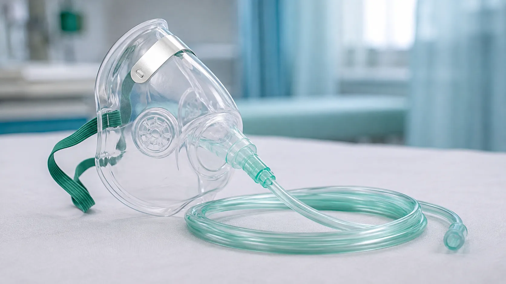 Clear simple oxygen face mask with elastic strap, nose clip and tubing connected to a ward wall flow