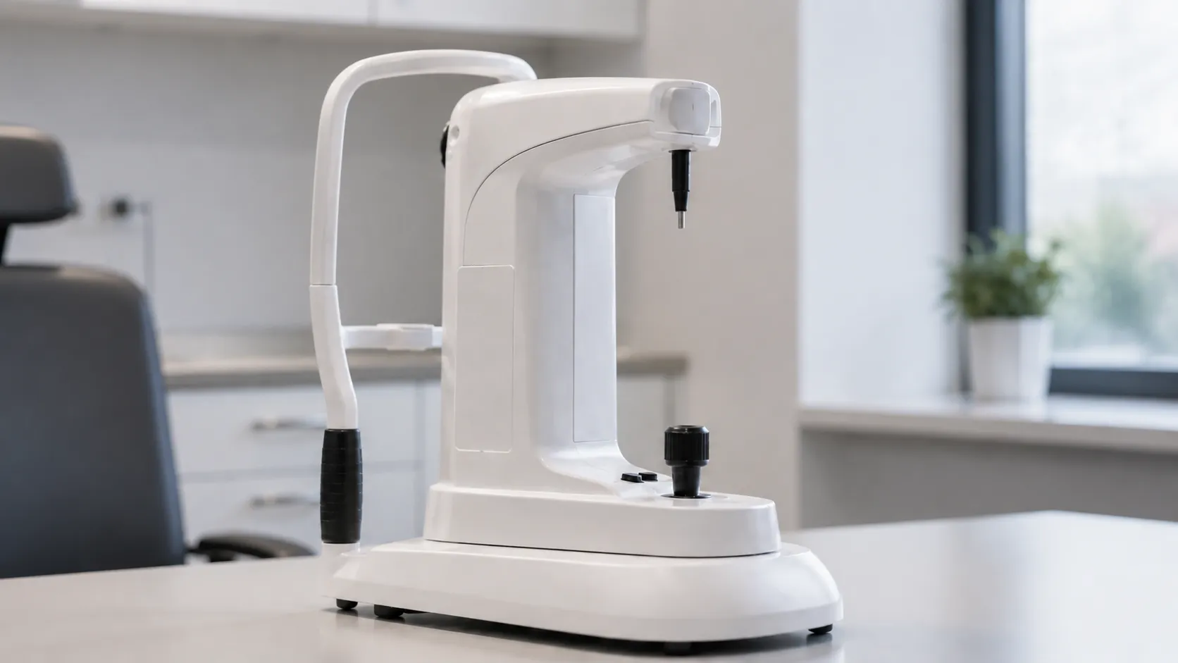 A clinician using a handheld pachymeter probe to measure a patient's central corneal thickness