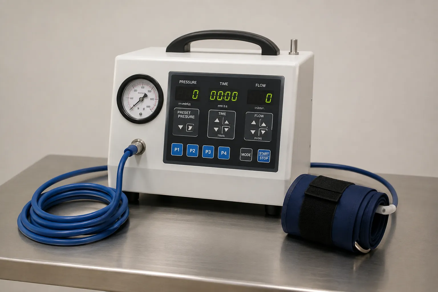 Pneumatic tourniquet console with an inflated thigh cuff maintaining a bloodless field during orthop