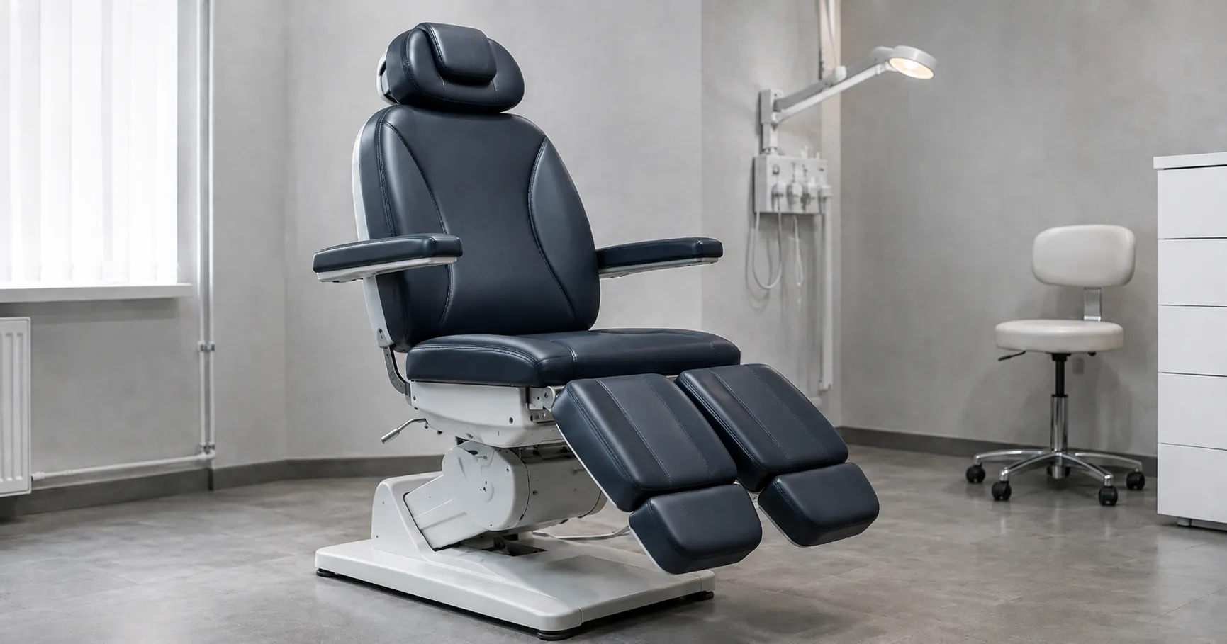 Electric podiatry chair reclined with split leg section in a clinical foot-care treatment room