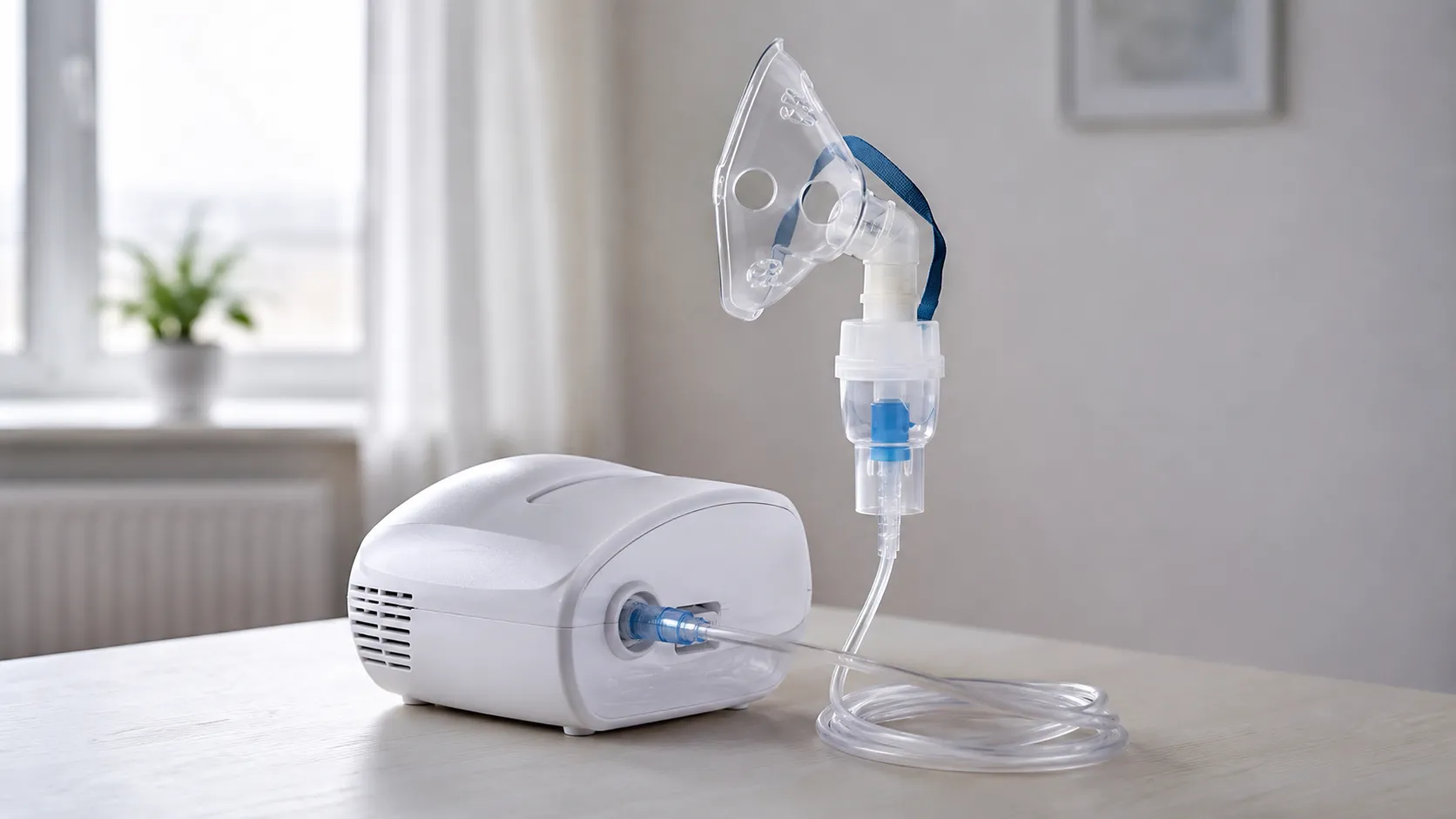 Portable nebuliser compressor on a home table with tubing running to a nebuliser cup and mask for th