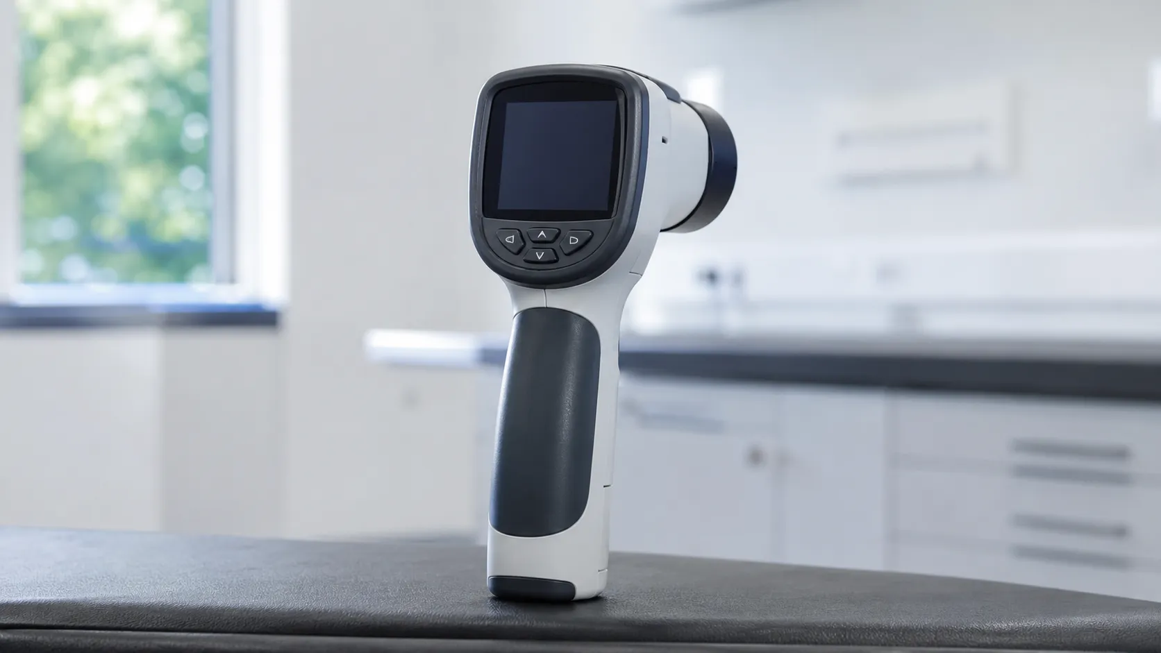 A nurse holding an automated pupillometer to a patient's eye to measure the pupillary light reflex a