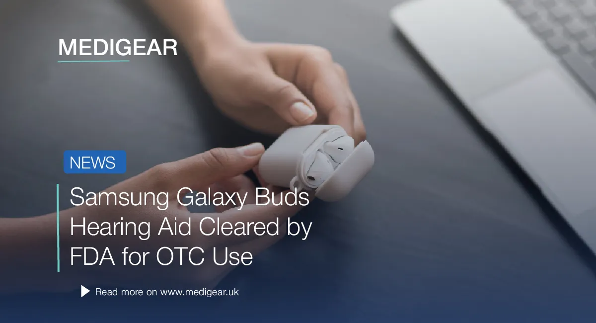 Diagram showing the Samsung Galaxy Buds hearing aid feature: FDA-cleared OTC hearing aid on Galaxy B