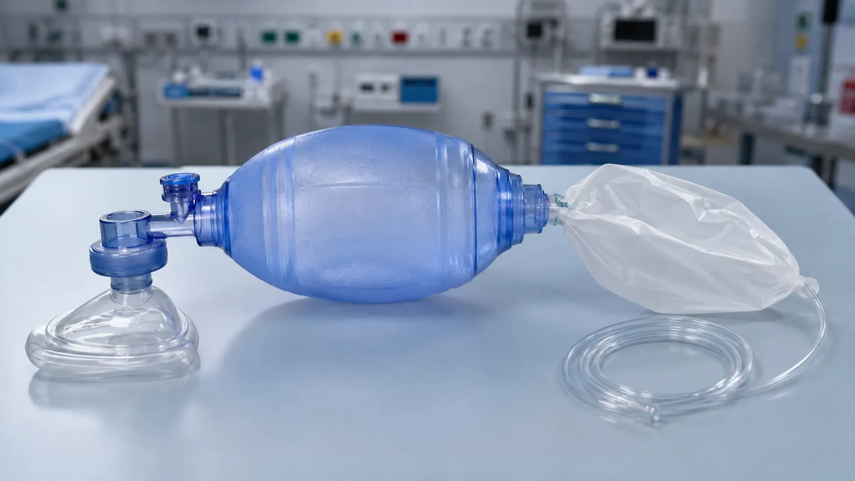 Self-inflating bag-valve-mask resuscitator with oxygen reservoir and face mask on a hospital crash t