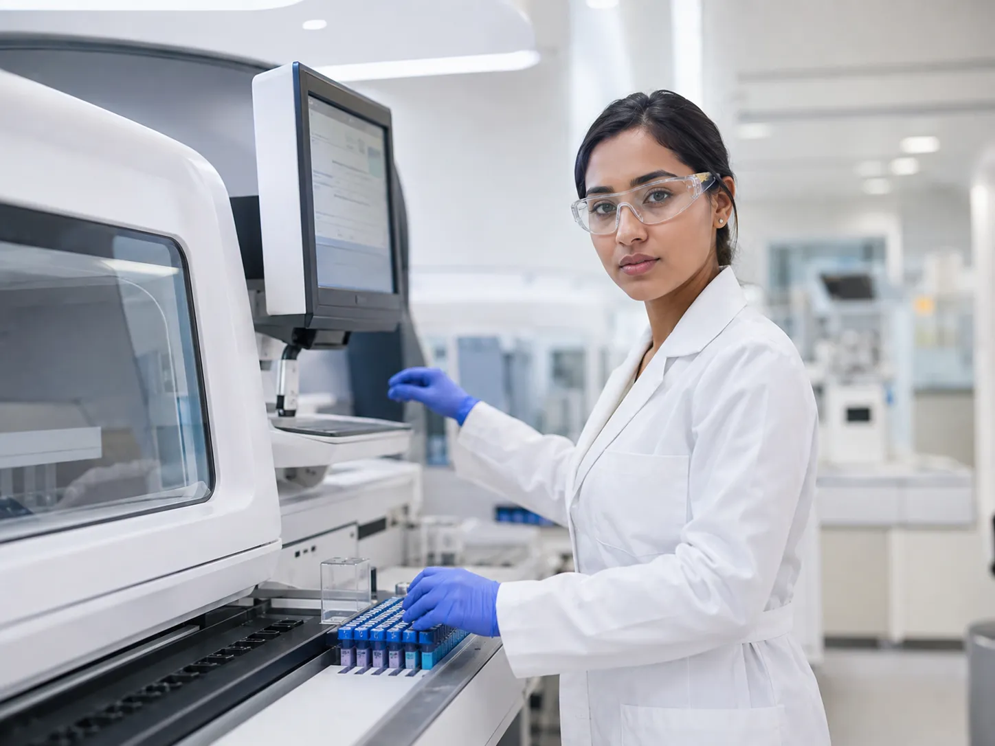 Shot of a young woman using a machine to conduct a medical test in a laboratory