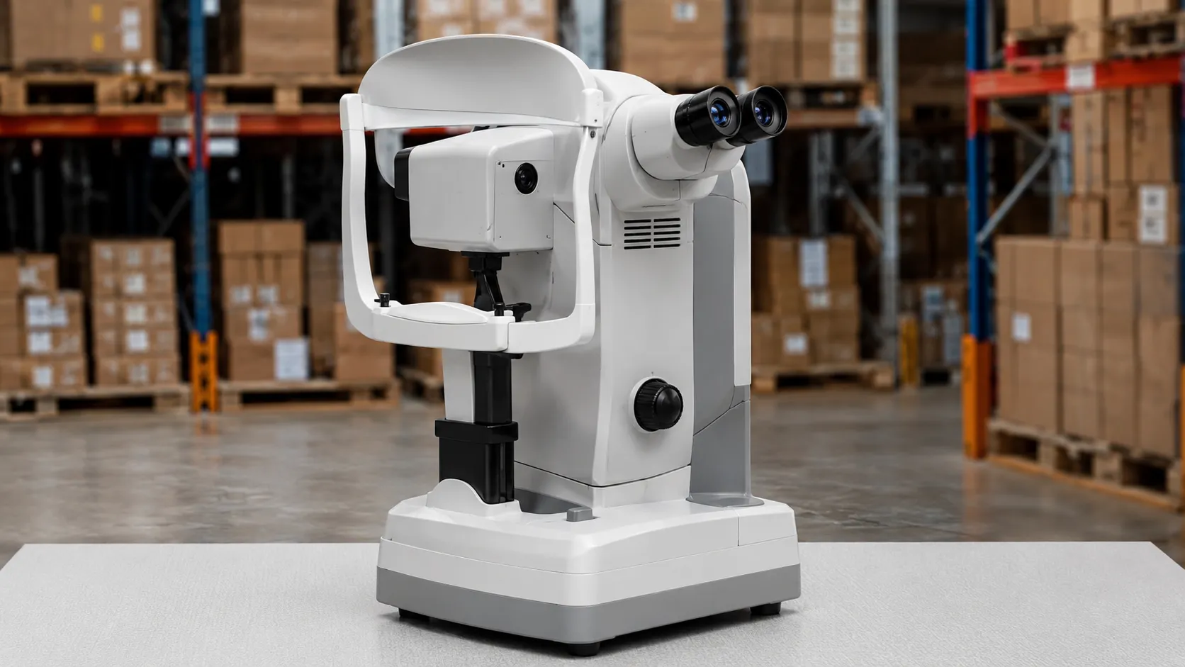 Ophthalmic technician capturing corneal endothelial cell images of a seated patient using a non-cont
