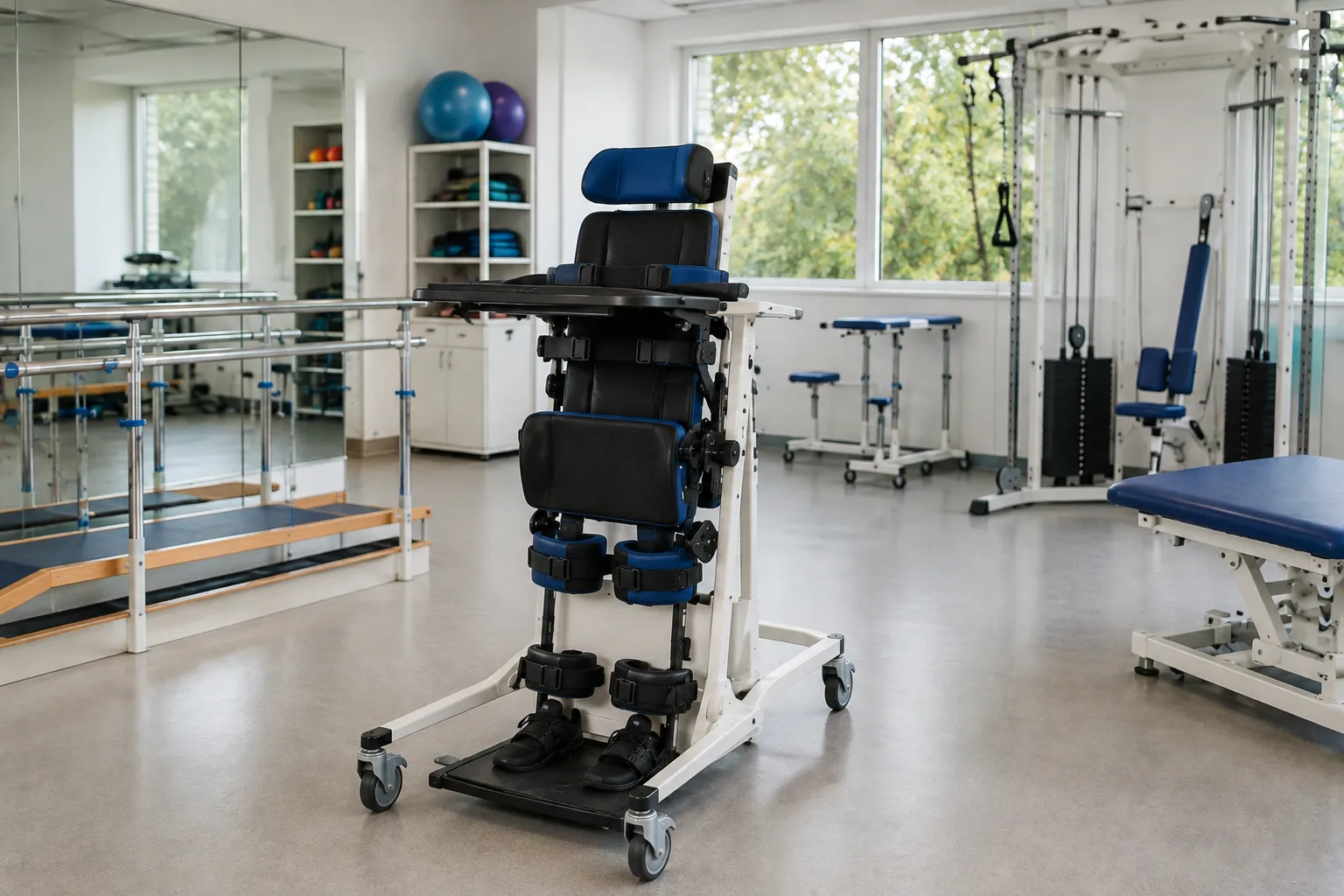 Patient supported upright in a supine standing frame with knee and trunk supports in a rehabilitatio
