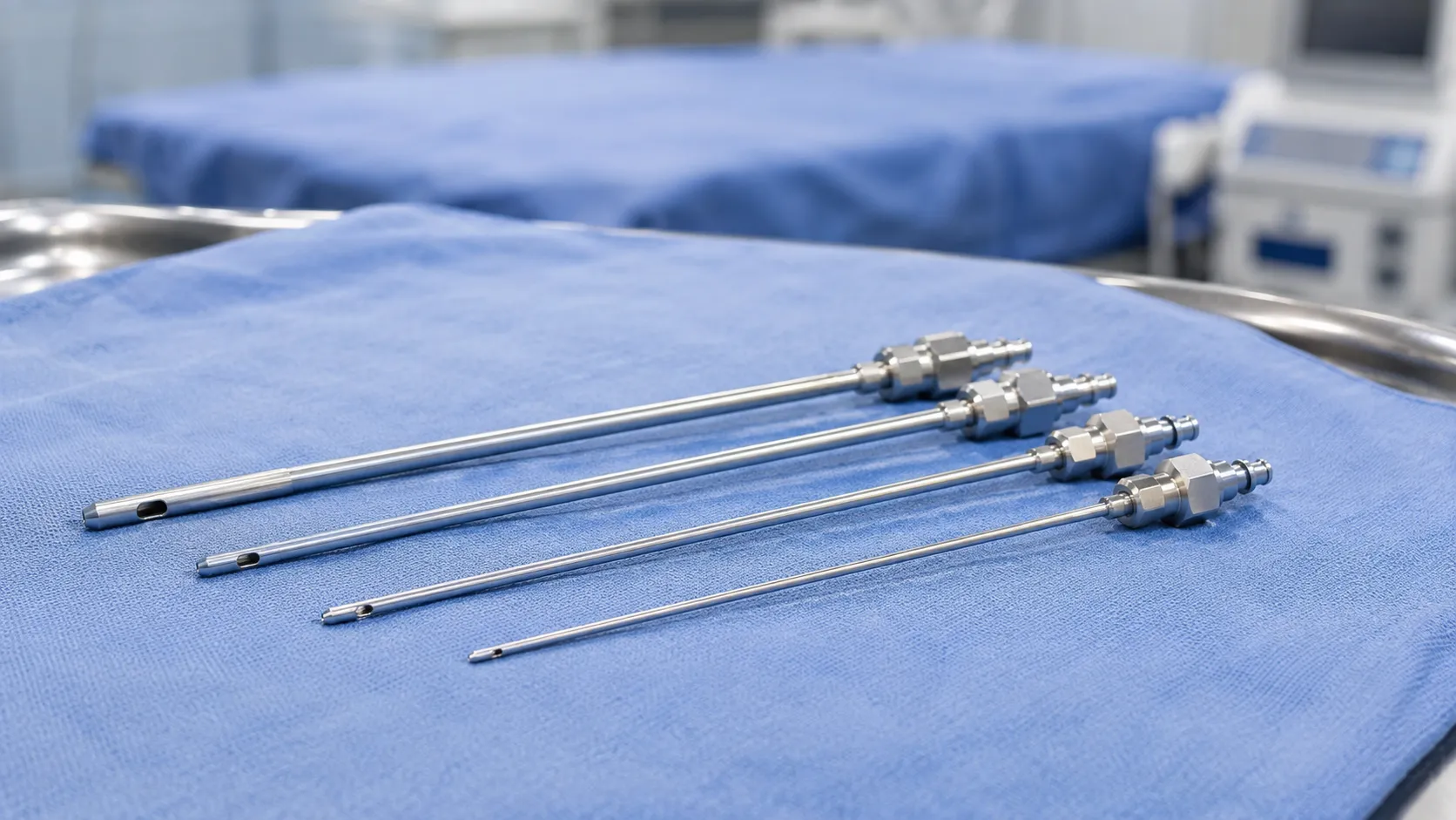 Surgeon guiding a slim blunt-tipped aspiration cannula connected to suction tubing during a liposuct
