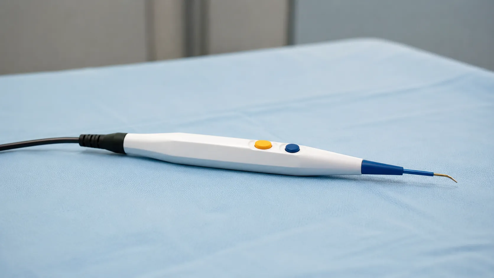 Clinician holding a battery-powered surgical cautery pen with a fine heated tip during a minor skin 