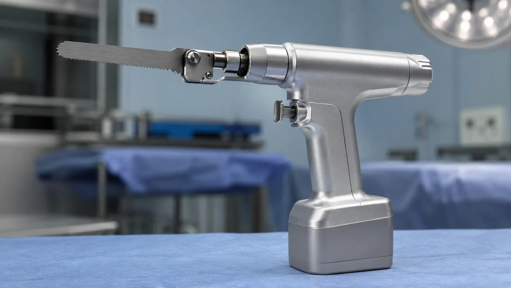 Surgeon using a battery-powered sagittal saw with a cutting jig to resect the femur during knee repl