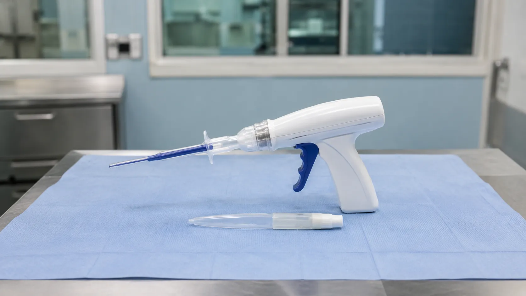 Surgeon applying a dual-syringe fibrin sealant applicator to a tissue suture line during an operatio