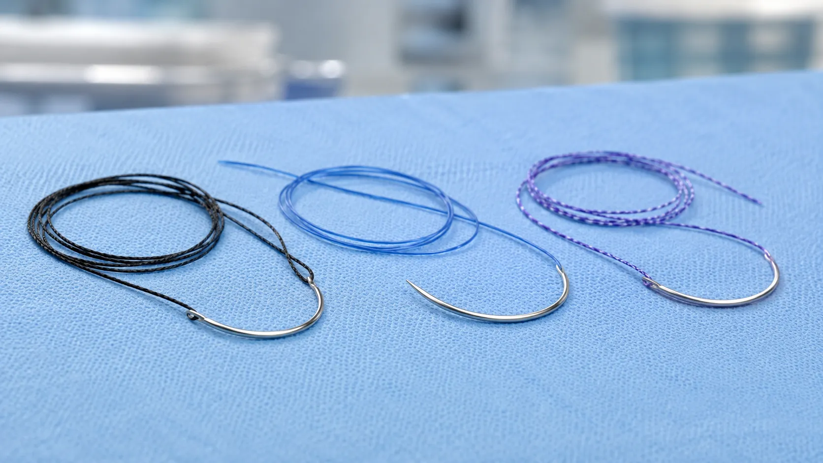 Sterile surgical sutures swaged to curved needles in foil packets showing different gauges and types