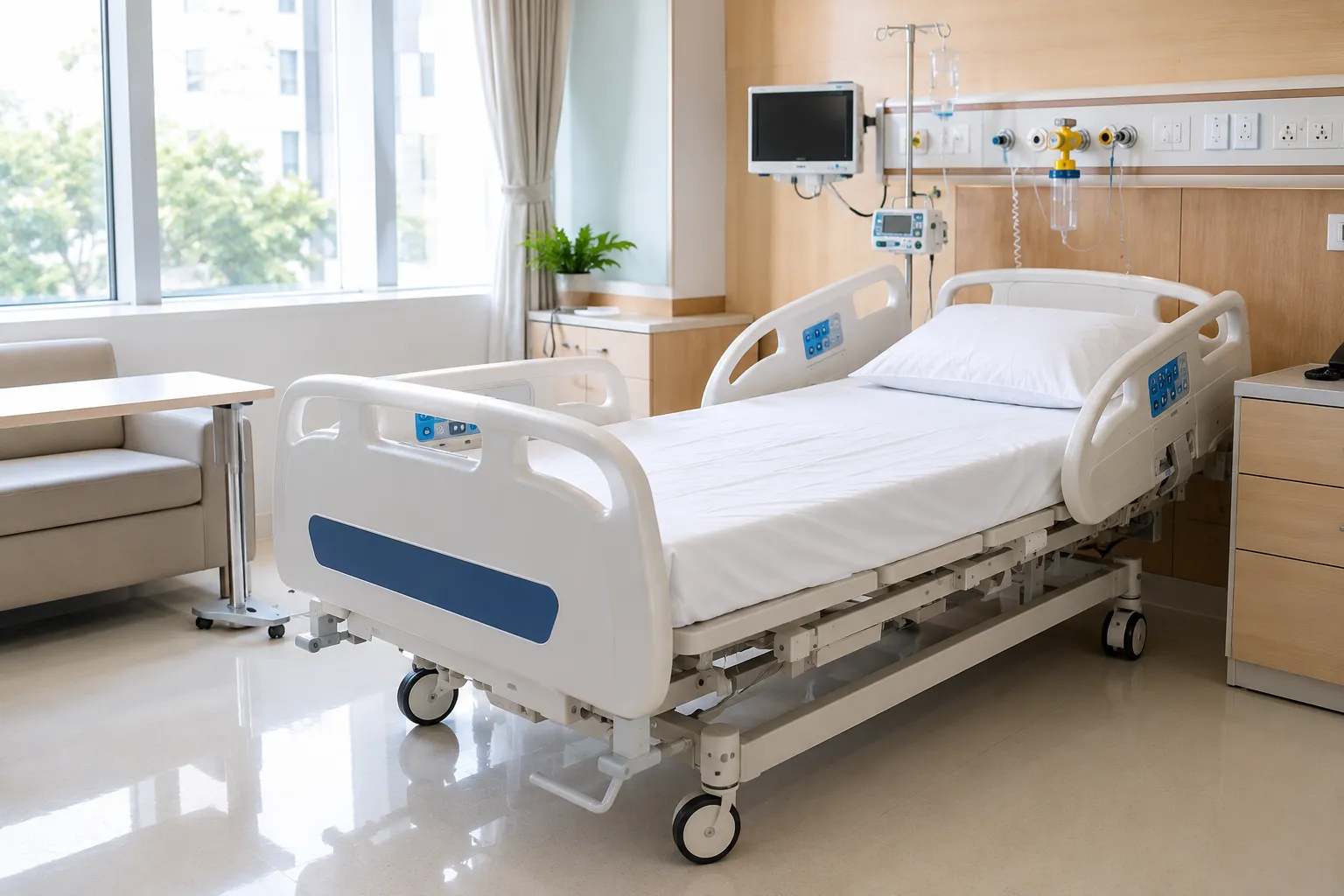 Row of adjustable electric hospital beds with side rails and mattresses arranged in a clean modern h