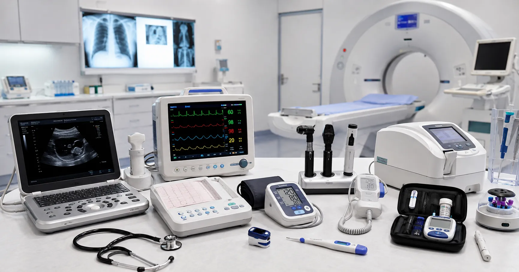 Diagnostic devices including an ECG machine, ultrasound scanner, laboratory analyser and endoscopy t