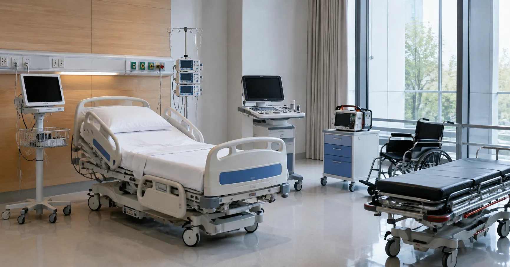 Hospital medical equipment including patient monitors, a ventilator, hospital beds and an operating 