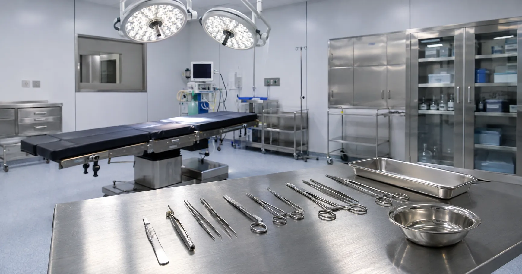 Operating room surgical instruments including scalpels, artery forceps, retractors and needle holder