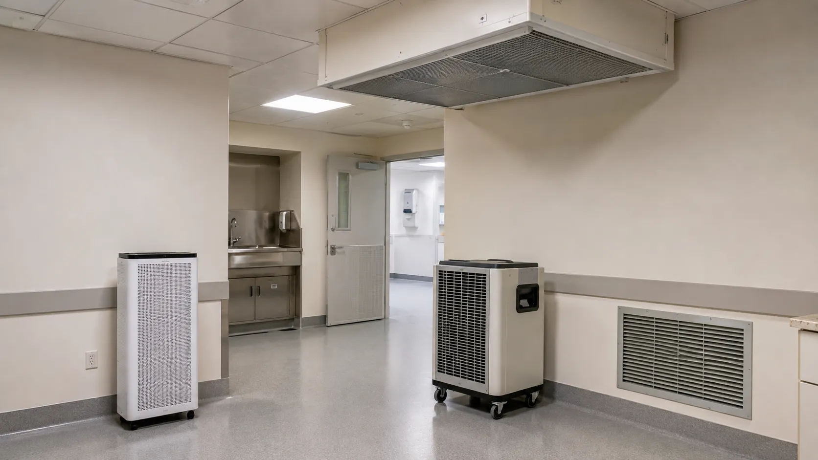 Portable high-efficiency air purification unit with filter housing in a healthcare waiting area
