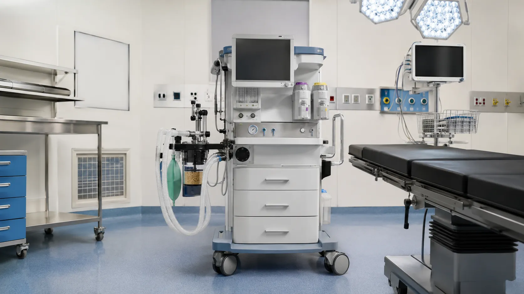 Anaesthesia workstation with vaporisers, ventilator screen and breathing circuit in an operating roo