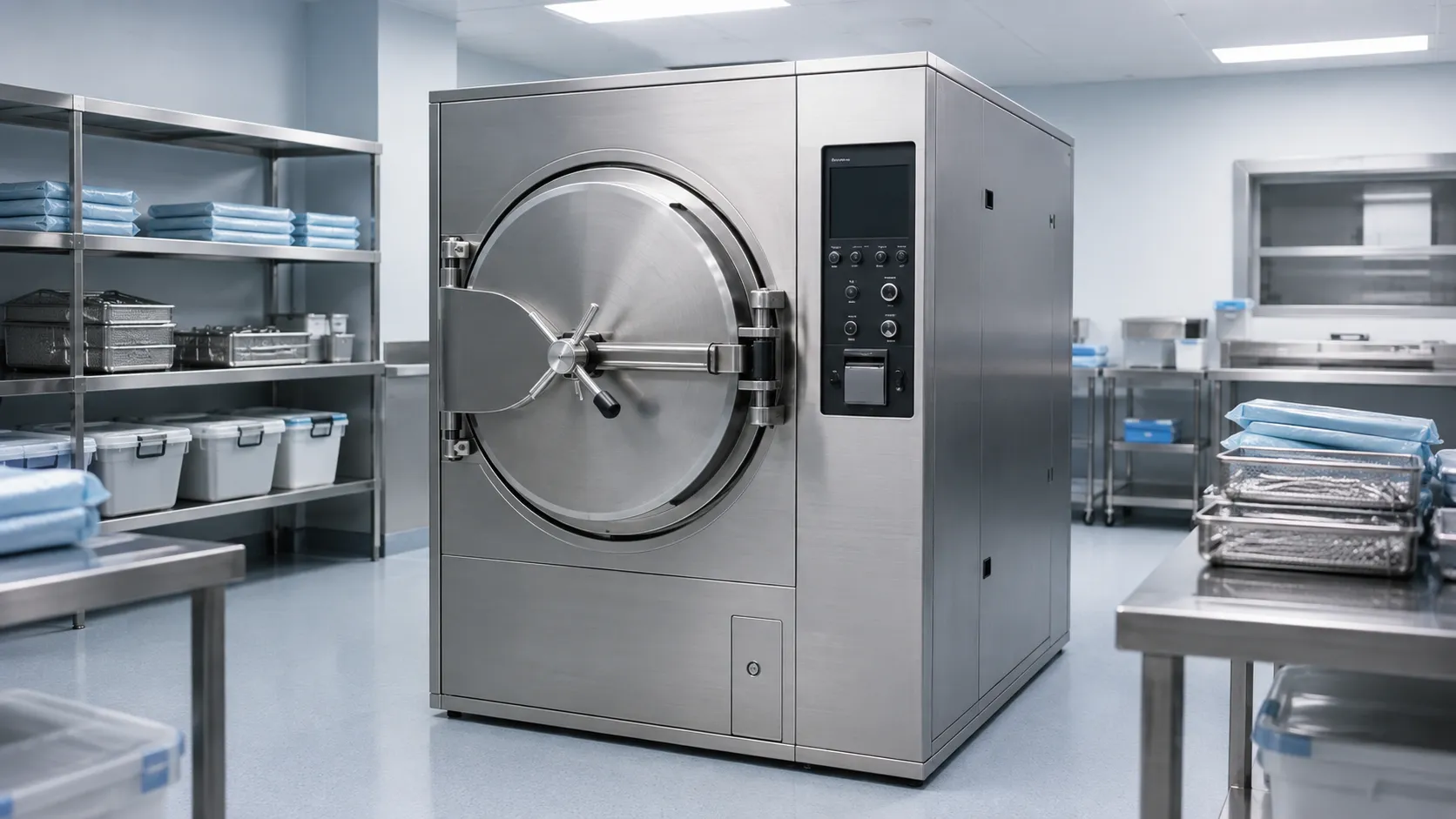 Stainless steel hospital autoclave with instrument trays loaded in a sterilisation department
