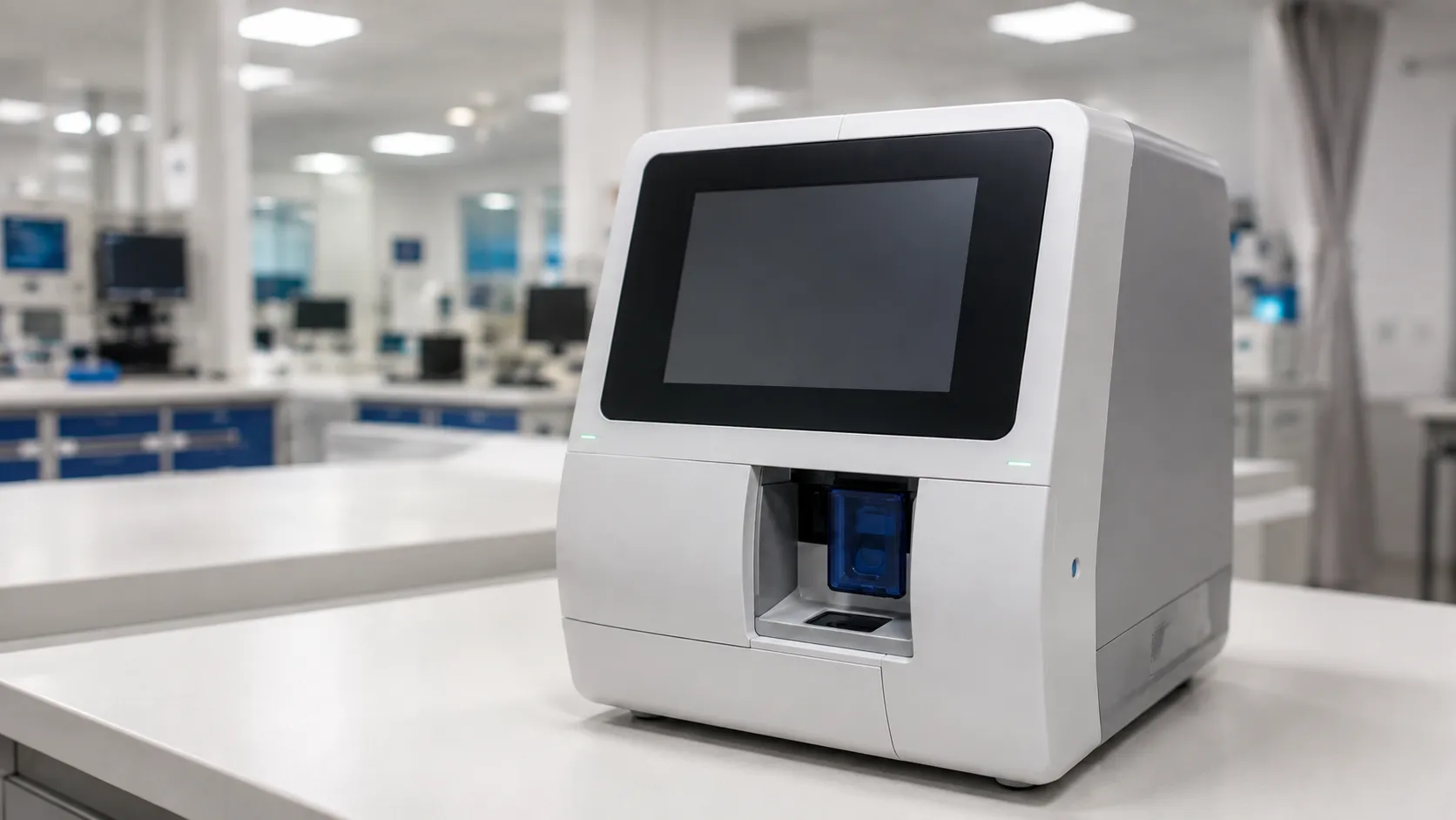 Cartridge-based blood gas analyser on a bench in an emergency department with a sample being loaded