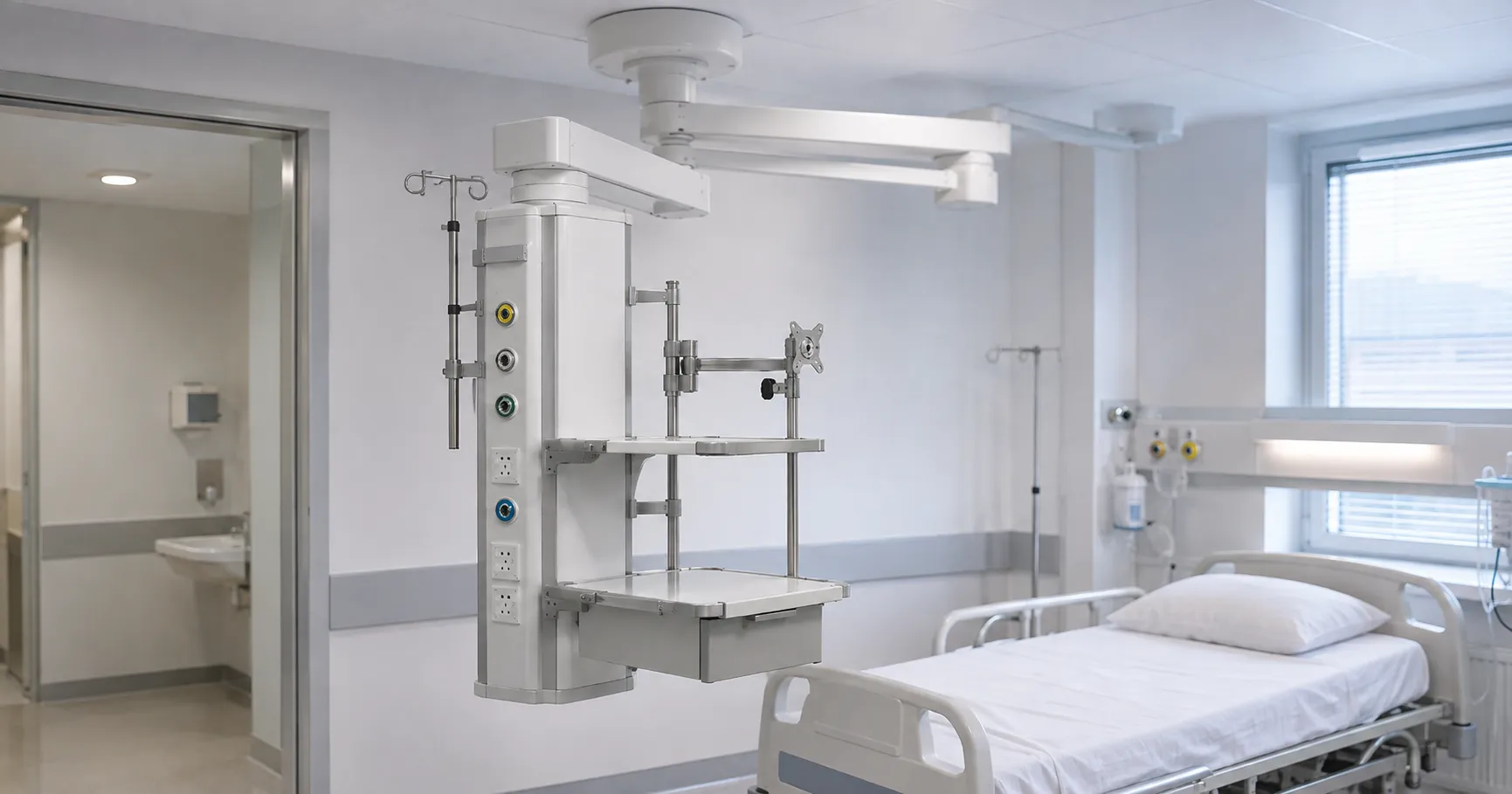 Double articulated arm ceiling pendant with gas outlets and monitor mount at an intensive care bedsp