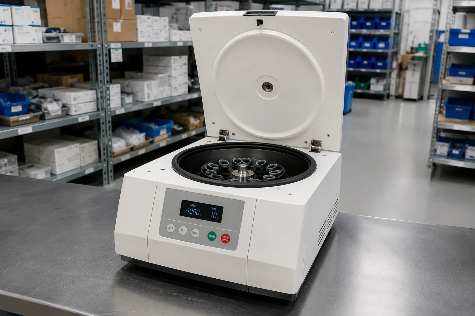 Benchtop swing-out rotor centrifuge with sample tubes loaded in a clinical laboratory