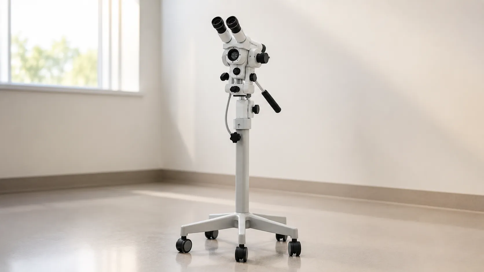 Floor standing video colposcope positioned beside a gynaecology examination chair in a clinic room