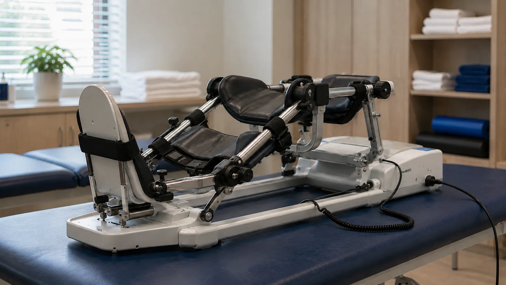 Continuous passive motion machine cradling a leg through a set knee range in a rehabilitation settin
