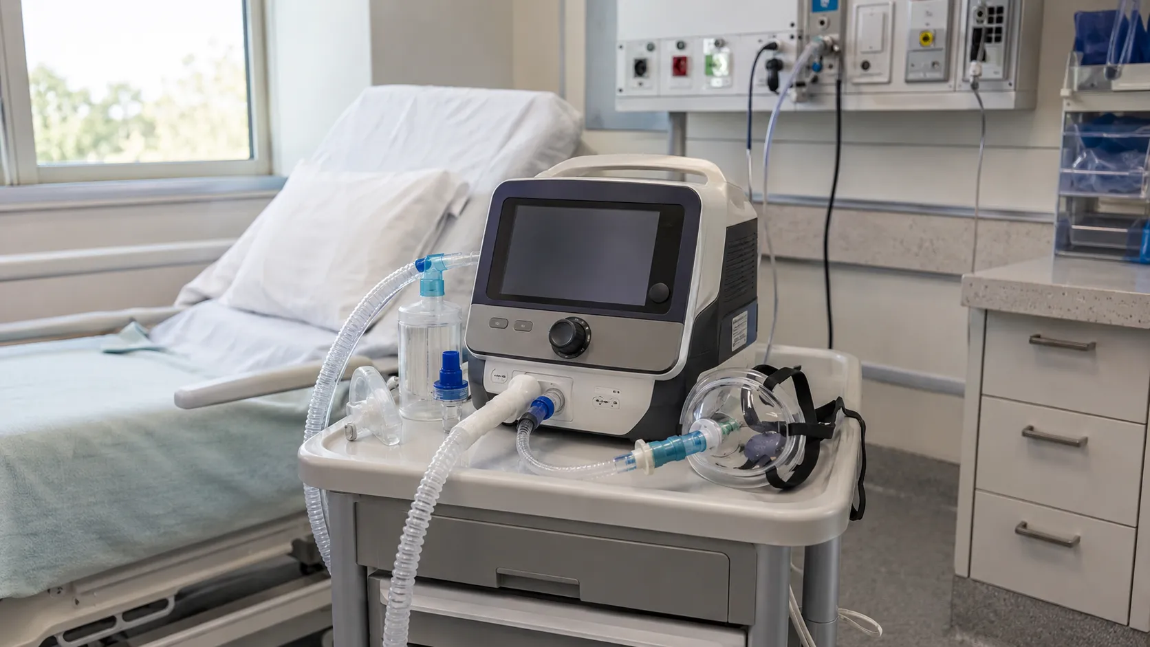 Portable cough assist device with mask interface set up for a neuromuscular patient at home