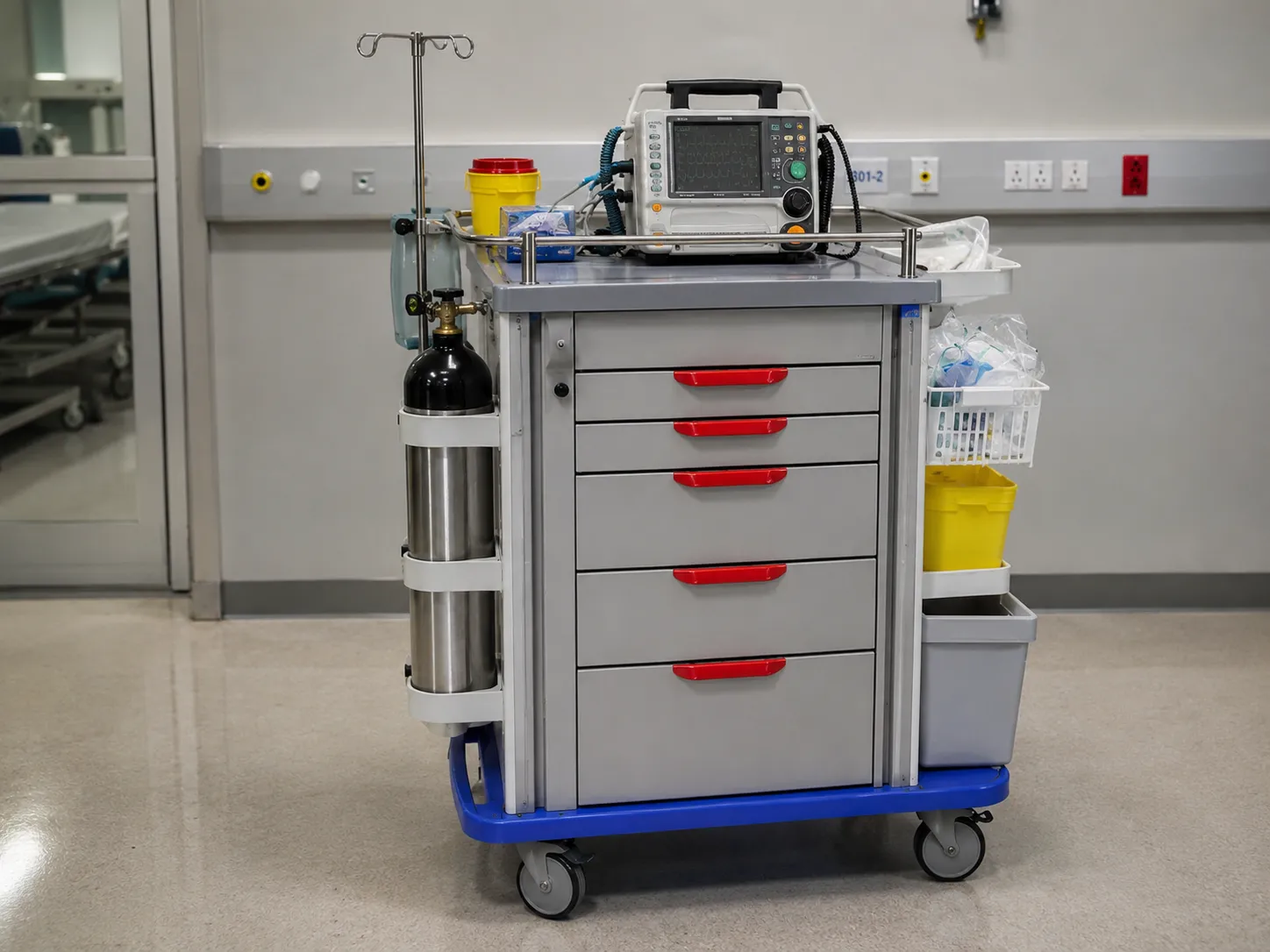 Sealed drawer resuscitation trolley with defibrillator, oxygen cylinder and sharps holder on a hospi