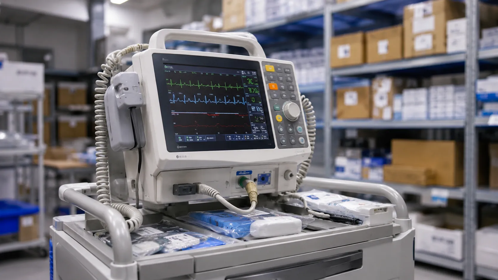 Manual defibrillator with monitor screen and pads on a hospital resuscitation trolley