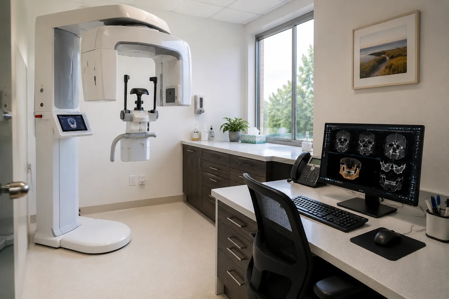 Dental CBCT scanner with patient positioning support in a practice imaging room