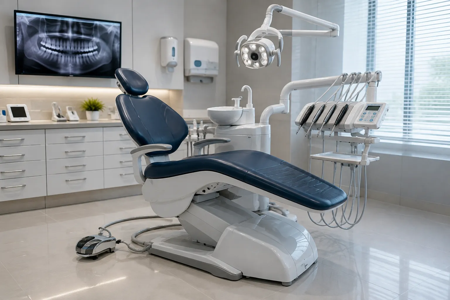 Modern dental chair with delivery arm, operating light and assistant suction in a private practice s