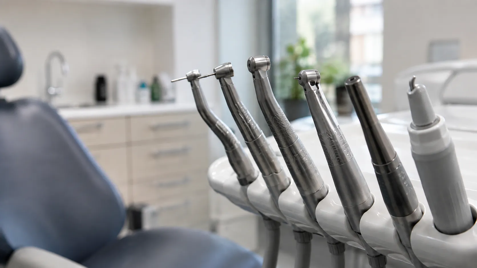 High-speed dental handpiece with bur and quick-connect coupling on a dental surgery tray