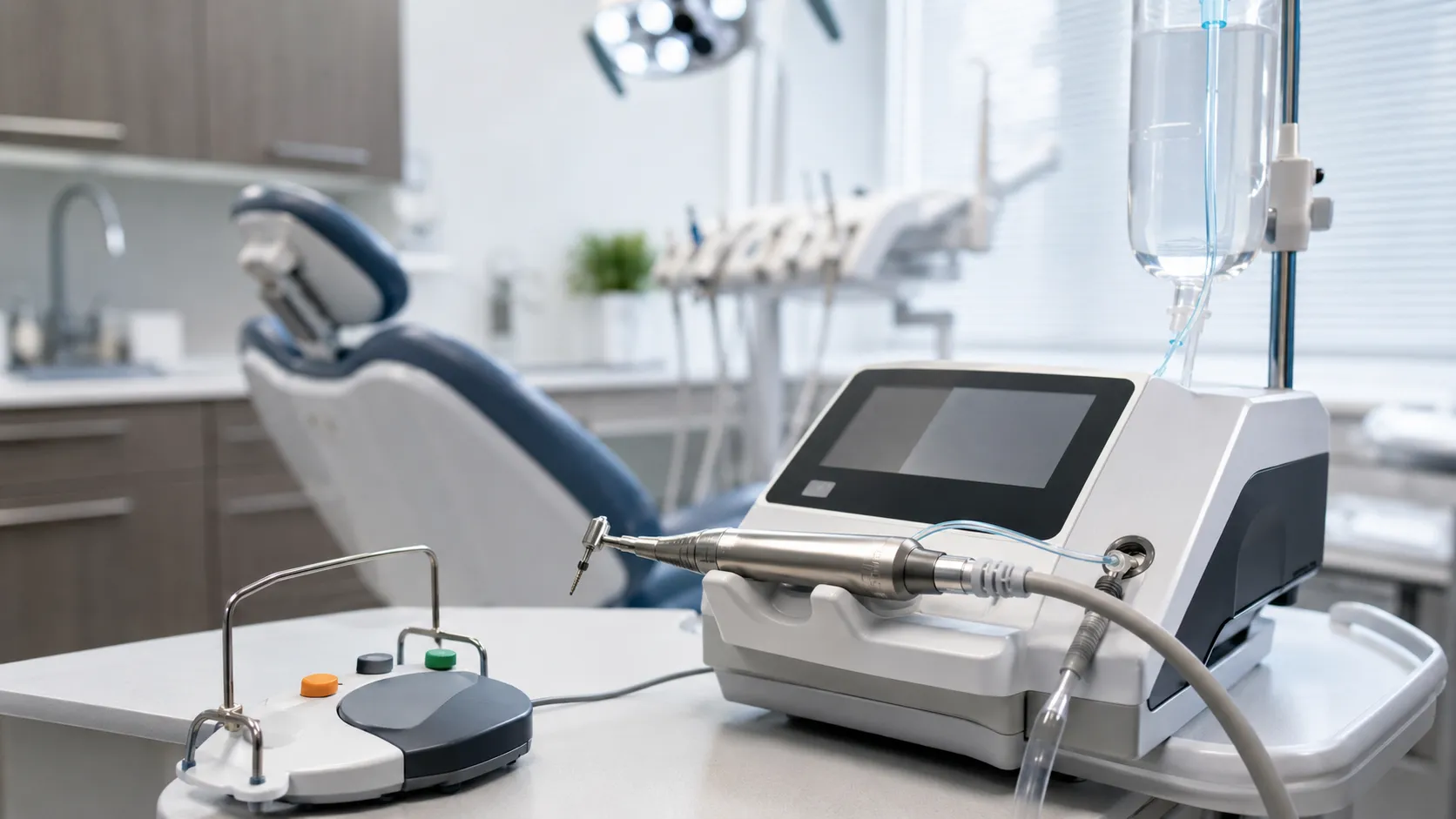 Dental implant motor unit with surgical handpiece and irrigation line set up for oral surgery