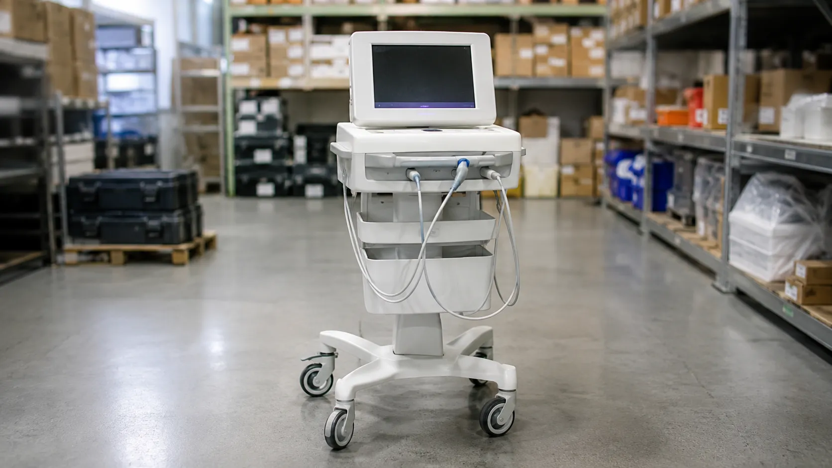 Cardiotocography foetal monitor with abdominal transducers and belts in a labour ward room