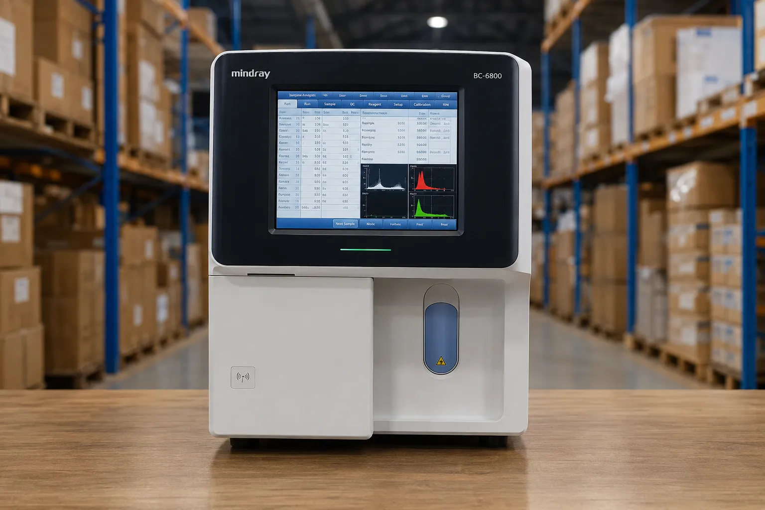 Mid-throughput haematology analyser processing blood samples in a clinical laboratory