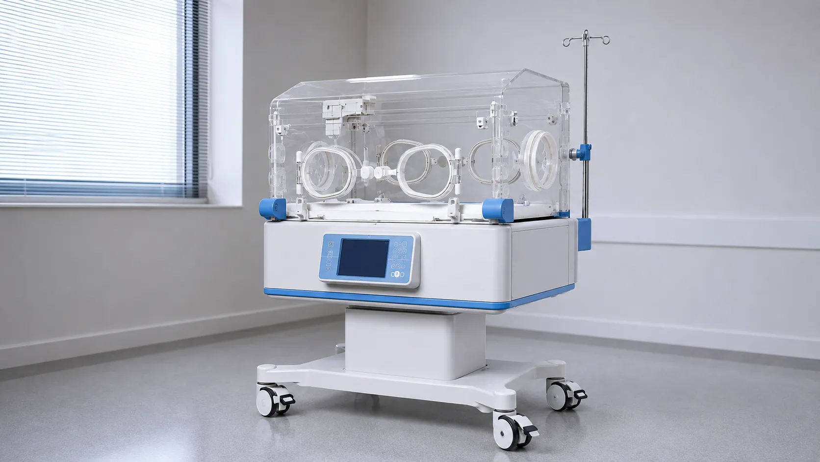 Closed infant incubator with humidity display and port doors in a neonatal intensive care unit