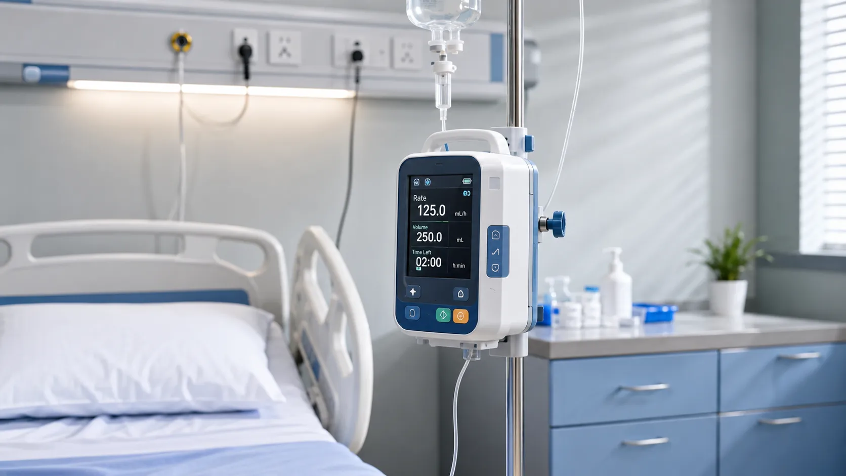 Volumetric infusion pump and syringe pump mounted on a drip stand beside a hospital bed