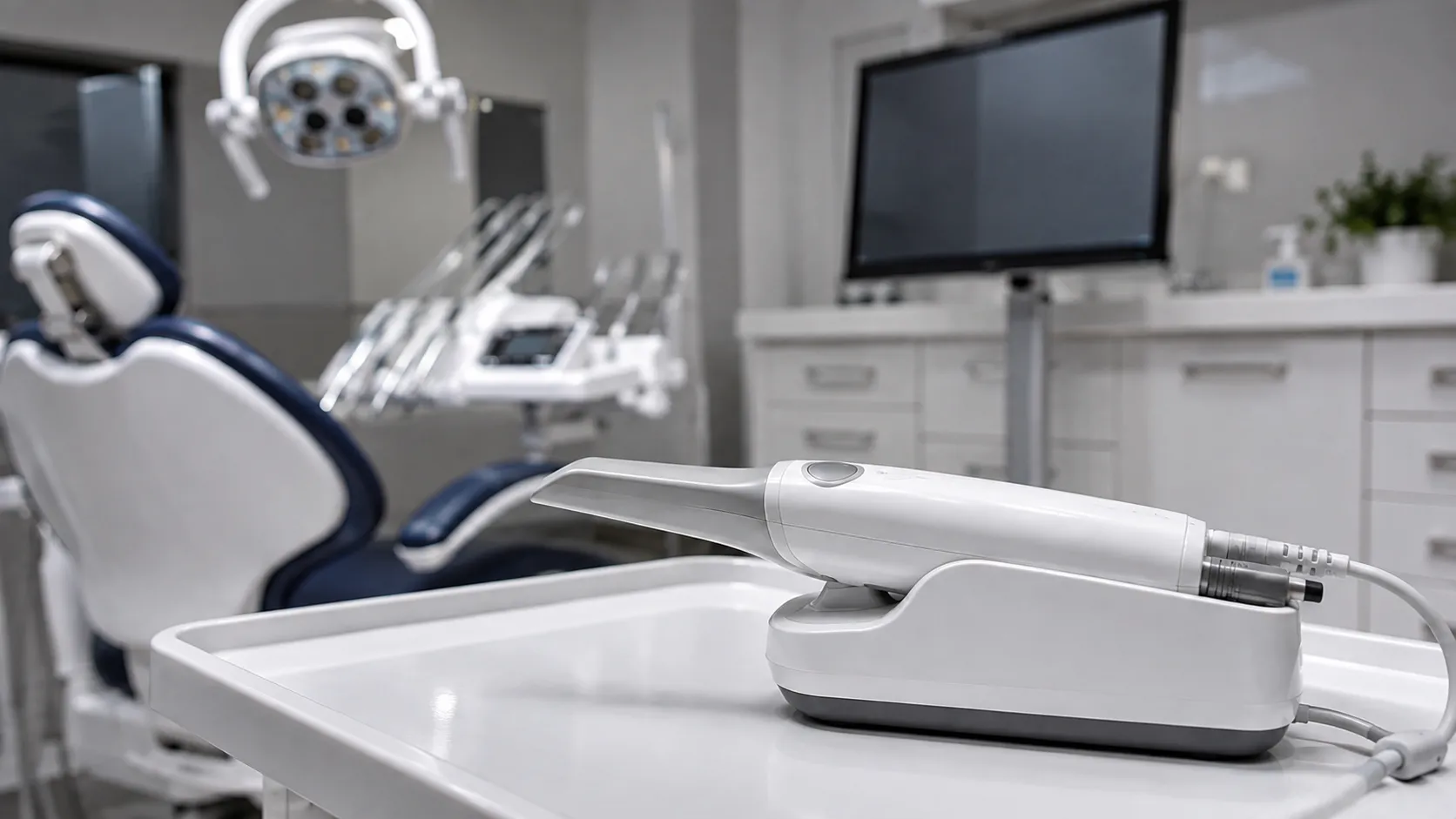 Intraoral scanner wand capturing a digital dental impression with the scan shown on screen
