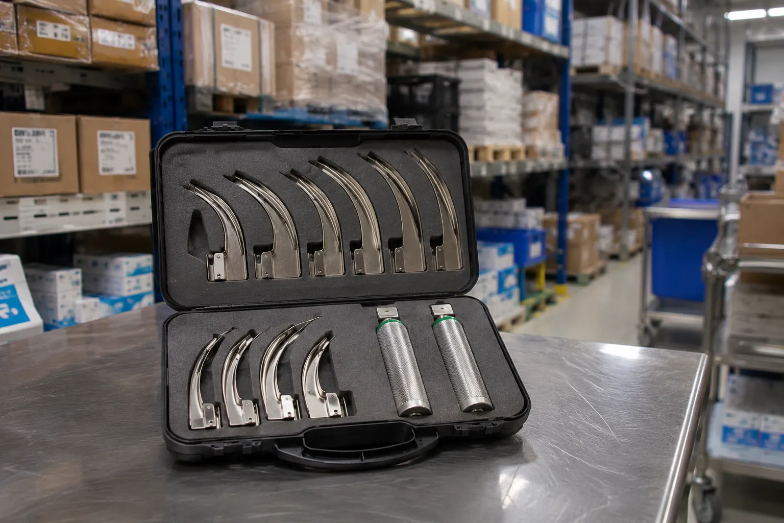 Video laryngoscope with integrated screen and single-use blade on a difficult airway trolley