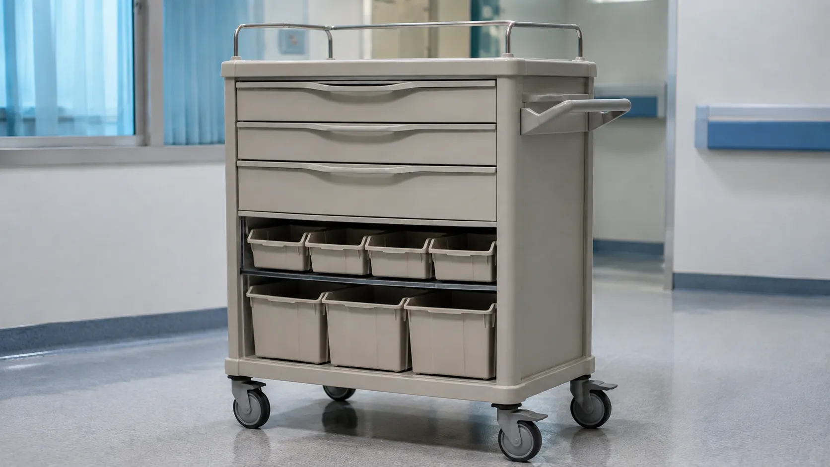 Multi-drawer medical trolley with sharps holder and clean top surface on a hospital ward