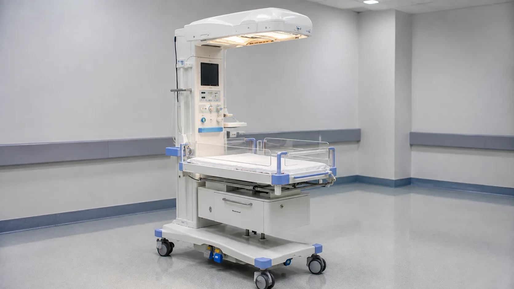 Open radiant warmer resuscitation platform with skin temperature probe in a delivery room