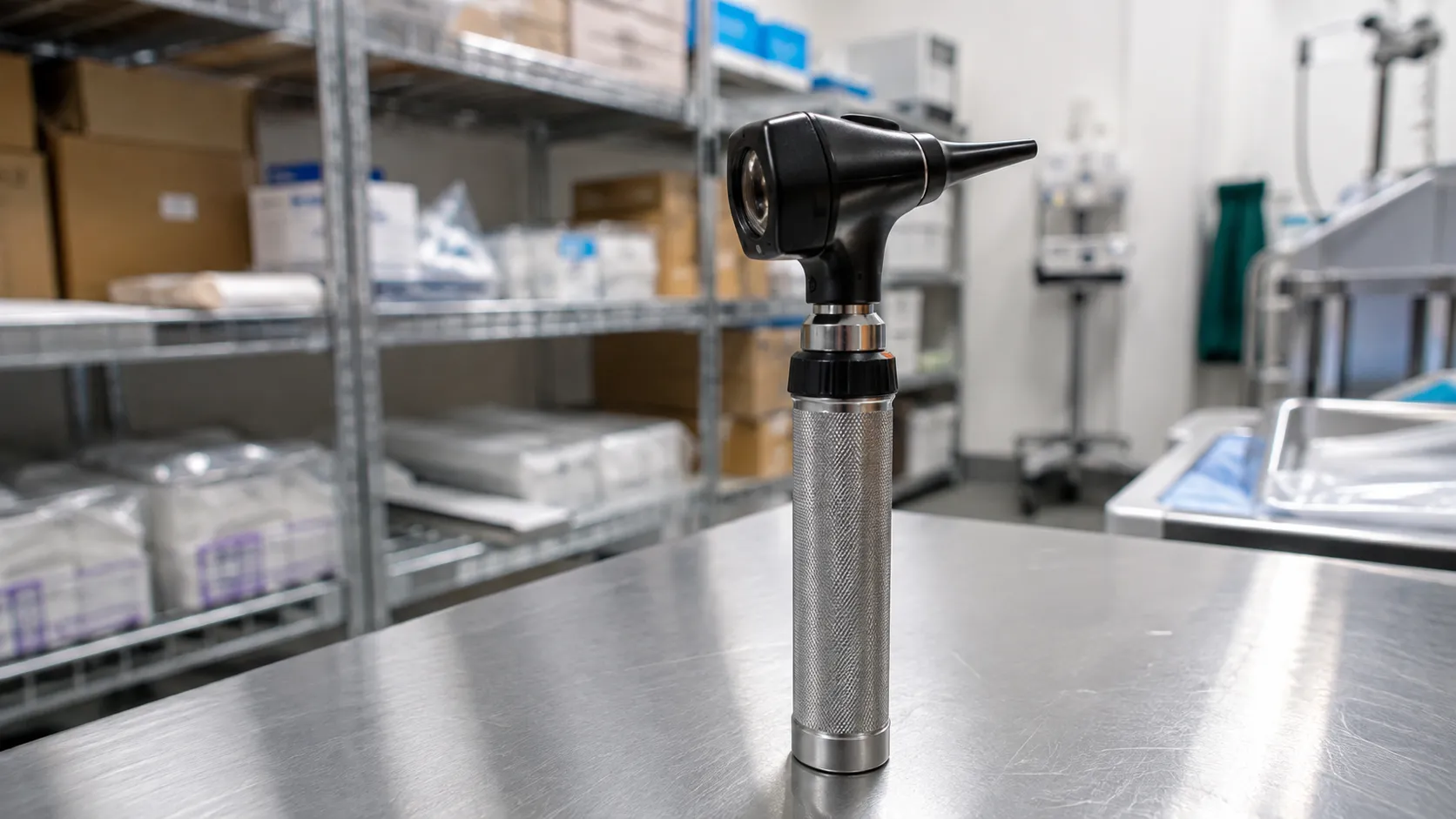 Fibre optic otoscope with disposable speculum being used in an ENT examination room