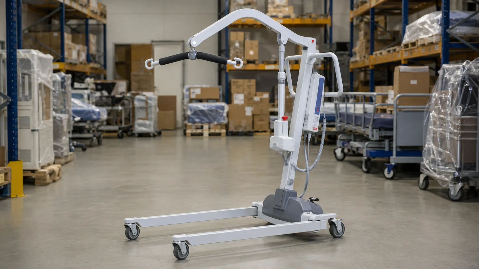 Mobile floor patient hoist with sling positioned beside a hospital bed for a transfer