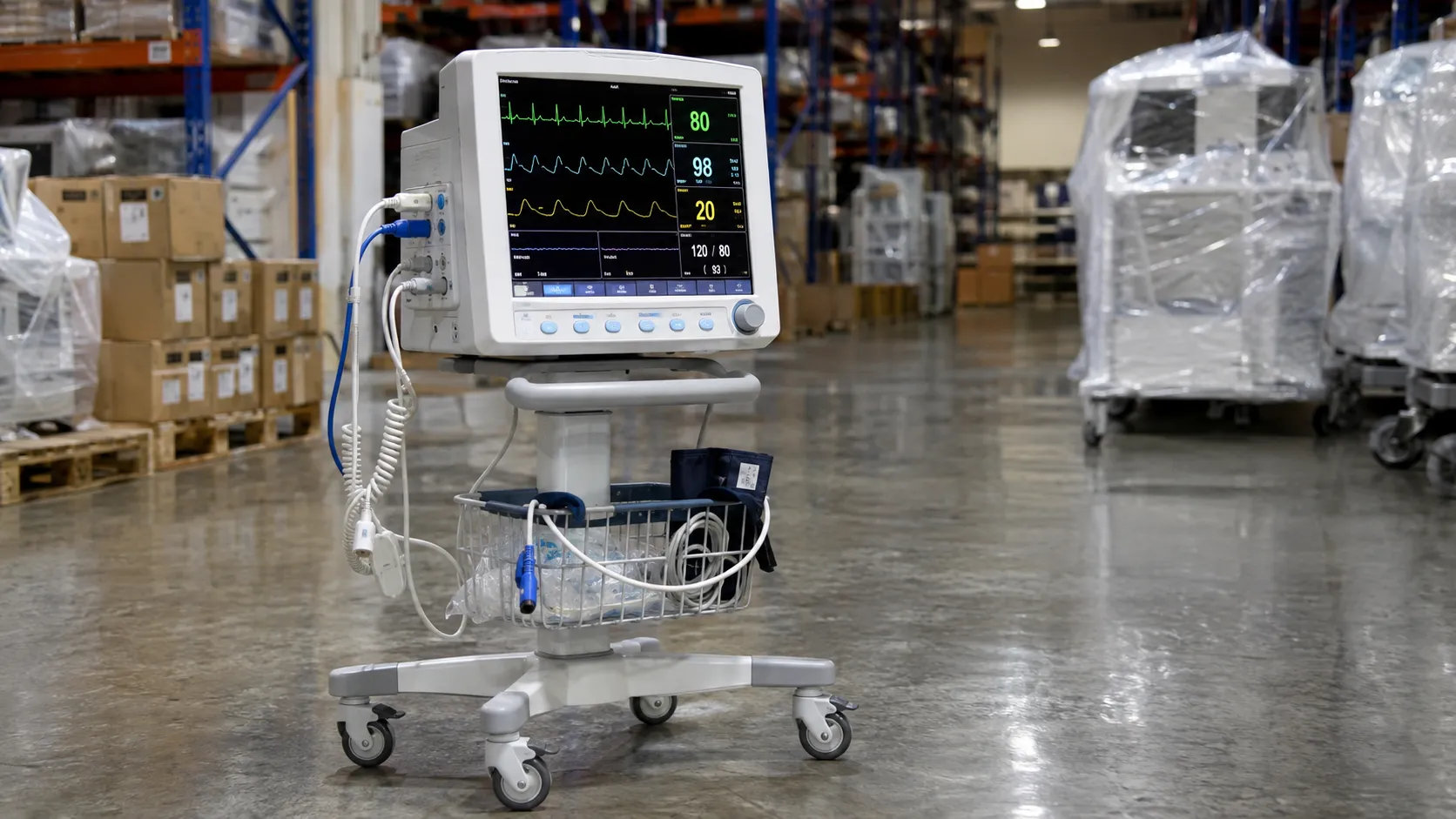 Bedside multiparameter patient monitor displaying ECG and vital signs waveforms in a critical care b