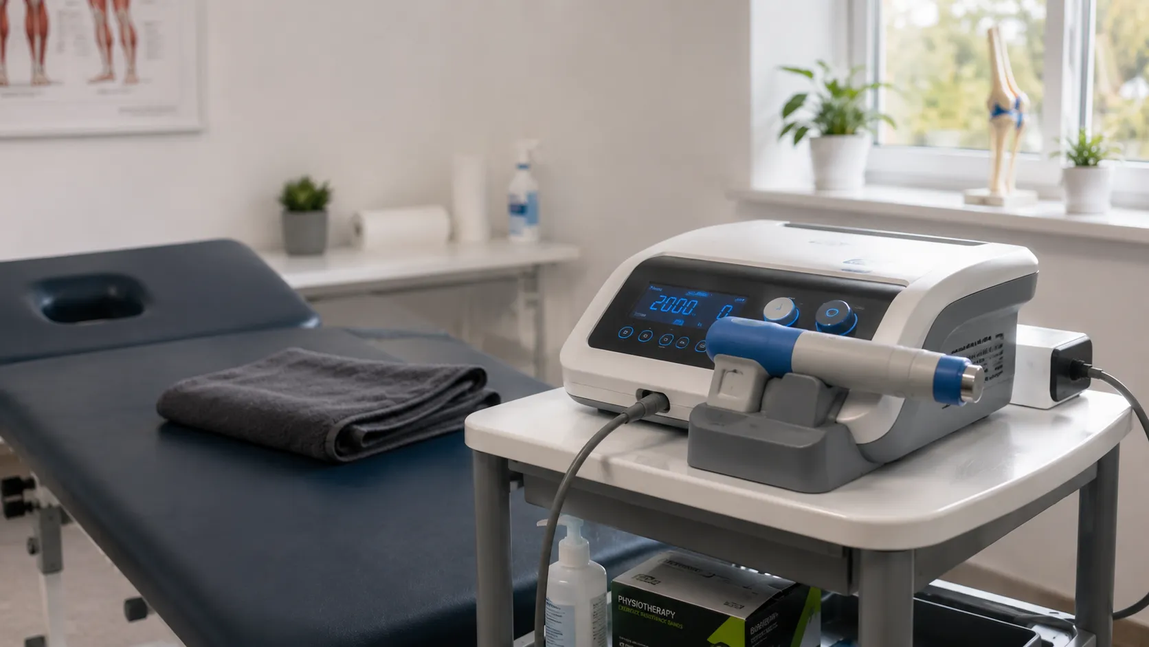 Radial shockwave therapy device with handpiece applicator in a musculoskeletal clinic