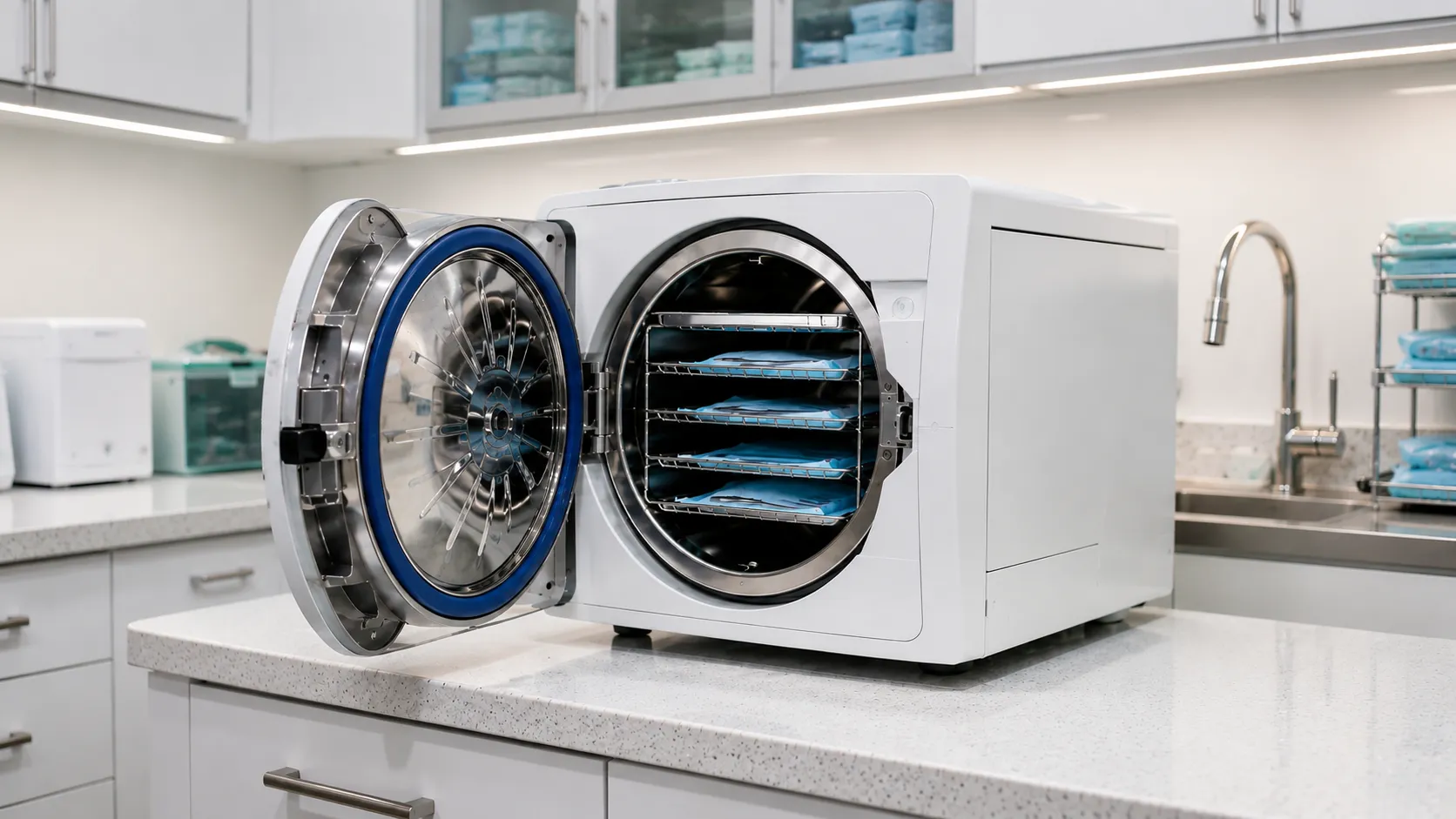 Vacuum benchtop steriliser and ultrasonic bath in a dental practice decontamination room